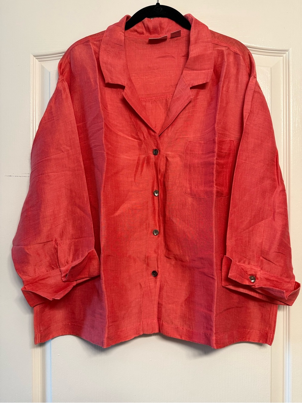 Chico’s Linen Silk Blend Button Front Blouse Size 3 (US XL)Coral Roll Tab Sleeve